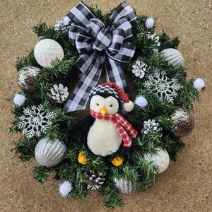Buffalo Plaid Penguin Christmas Wreath